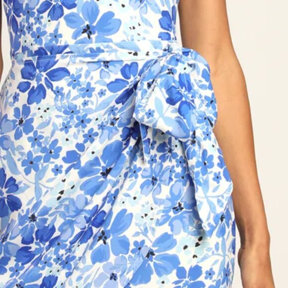 Lulus Summery Side Asymmetrical Wrap Mini Dress - Blue/White Floral - Picture 3 of 6